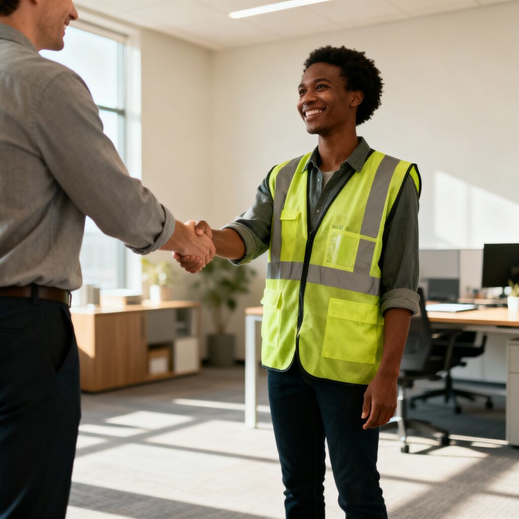 Hiring manager shaking hands with manufacturing worker after successful temp-to-perm job offer at Midwest staffing agency