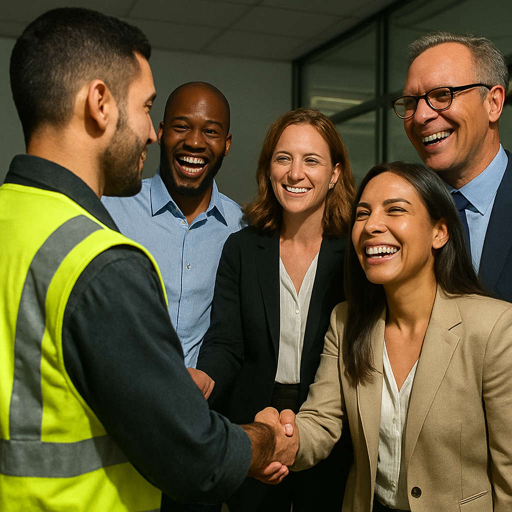 Diverse team welcomes new manufacturing employee in safety vest after successful temp-to-perm conversion at Midwest Staffing